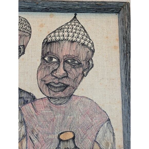 "Yoruba Music And Interpretation" Signed Folk Art Painting on Fabric Canvas - Picture 5 of 11